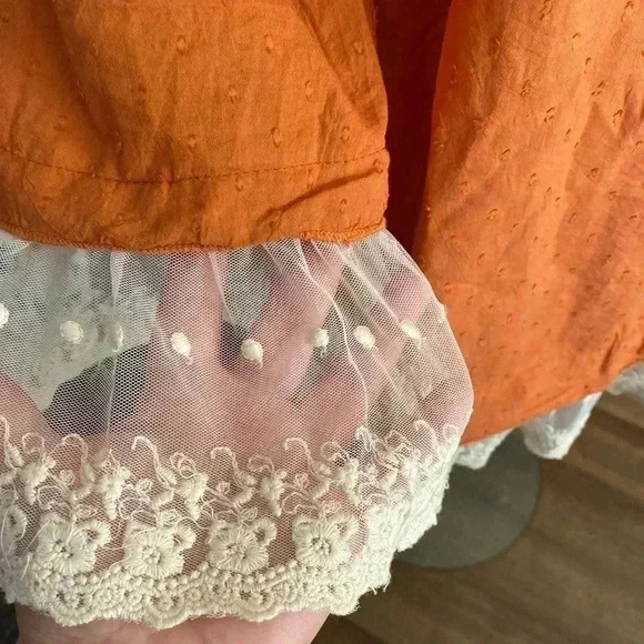 🆕Free People Tea Combo Rust Long Sleeve Smocked Off Shoulder Tunic Lace Edge M🆕 - Picture 5 of 8